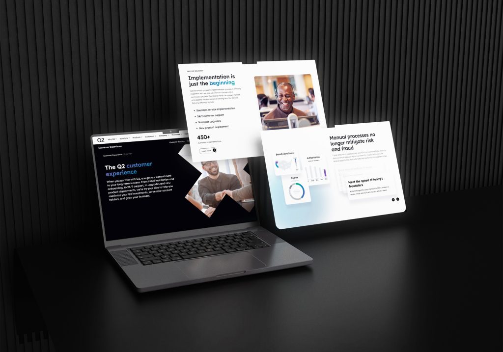 Q2 customer experience web page design shown on laptop with floating UI widgets and feature cards in a dark 3D mockup