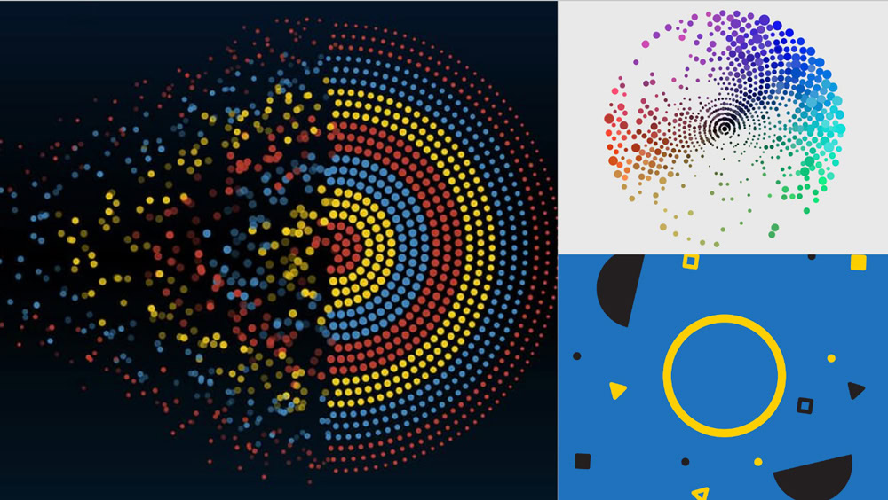 Early brand inspiration for Yumpingo showing abstract circular dot patterns, geometric shapes, and color exploration used to develop the “bits of data” concept