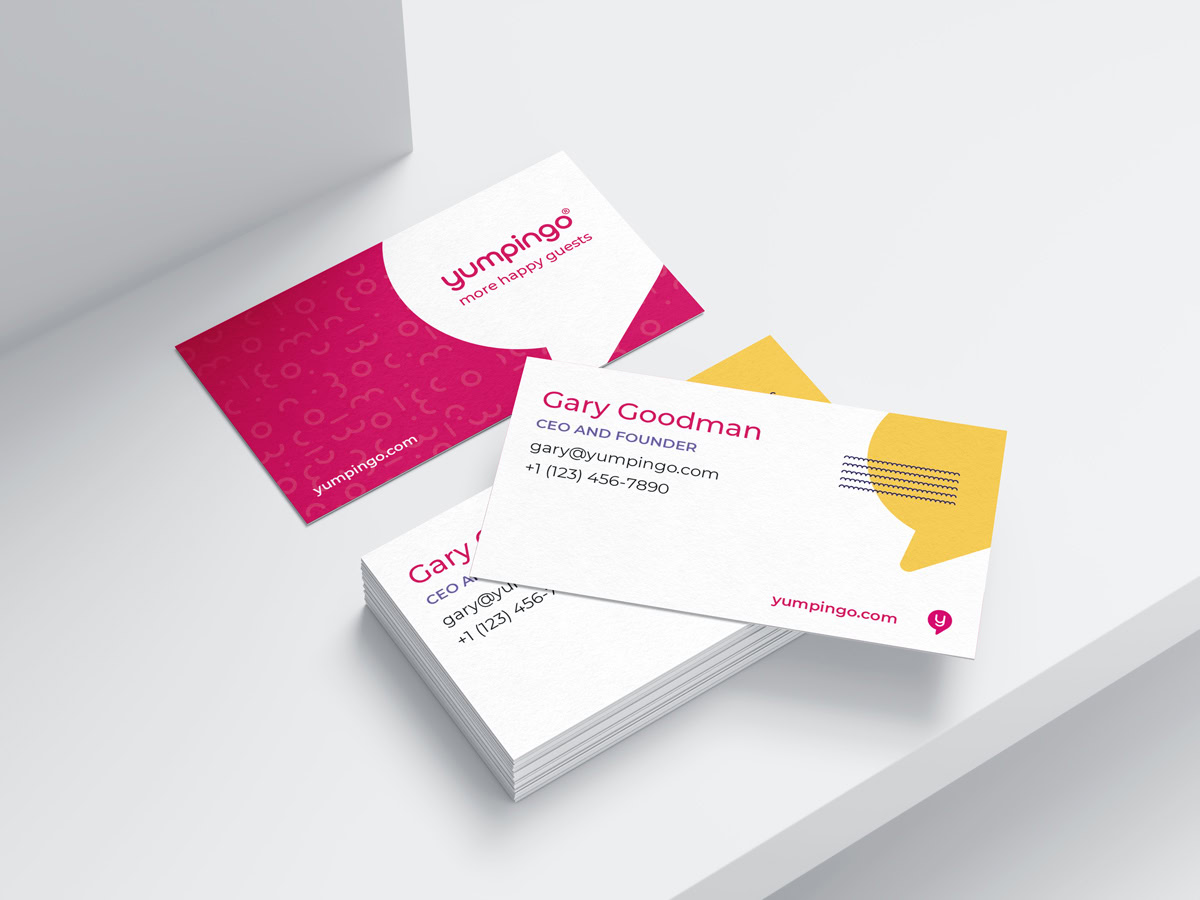 Business card mockup for Yumpingo showing the refreshed brand identity and visual system