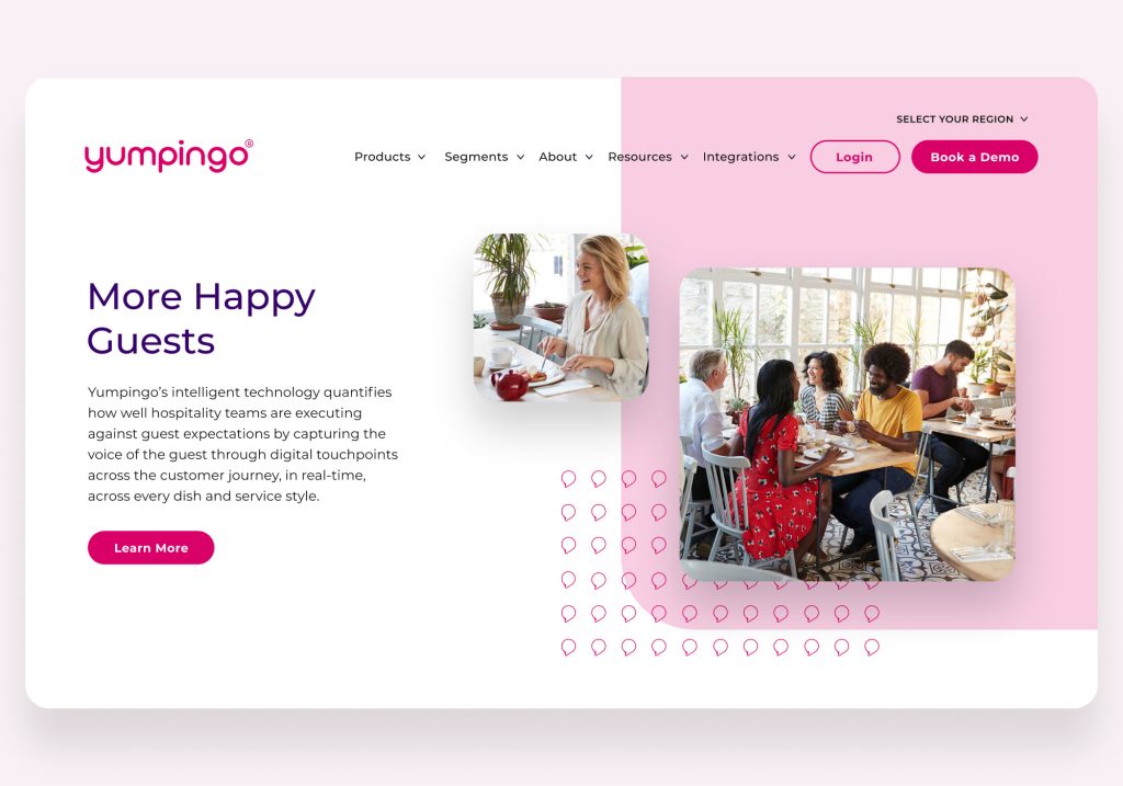 Yumpingo homepage hero design showing hospitality website redesign with dual-language navigation, guest imagery, and branded pattern elements
