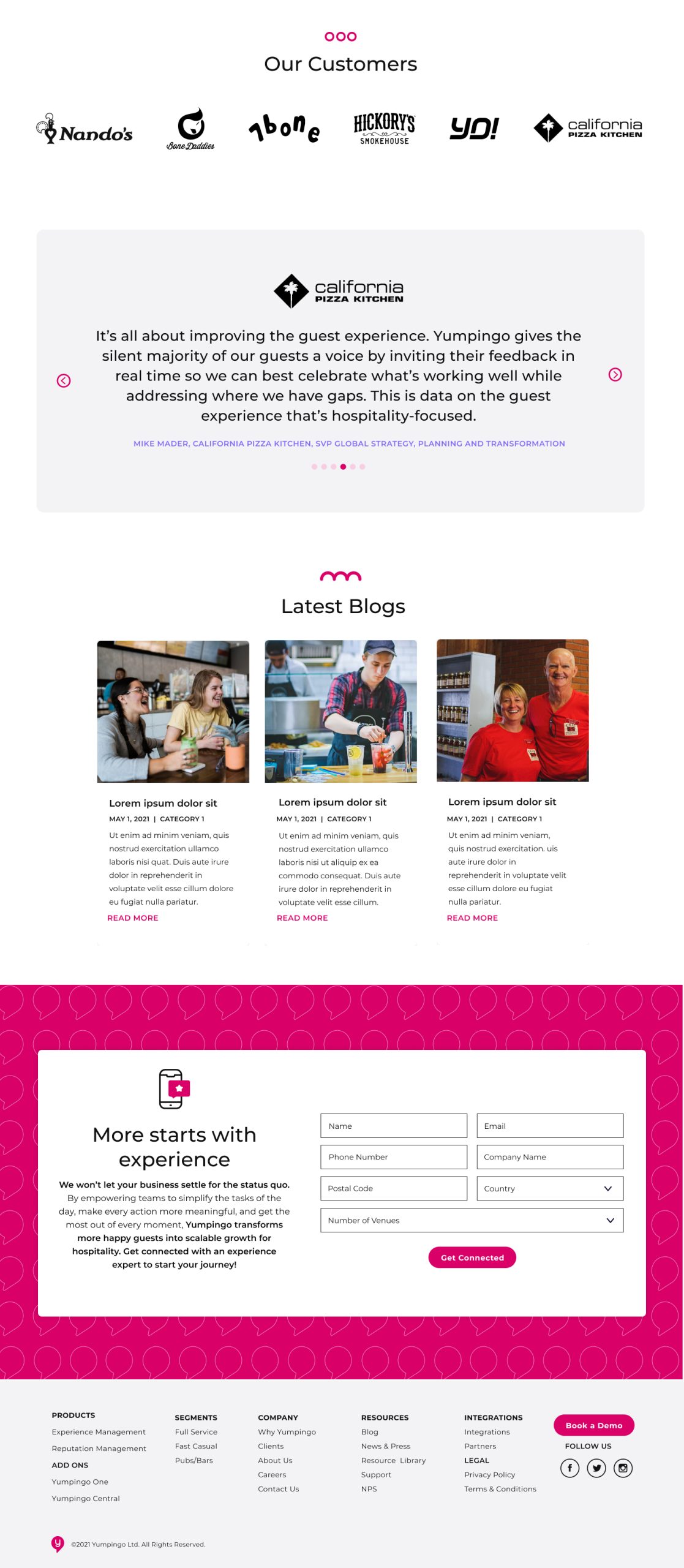 Full page design for the Yumpingo homepage showing hospitality website layout, brand refresh, and dual-language navigation