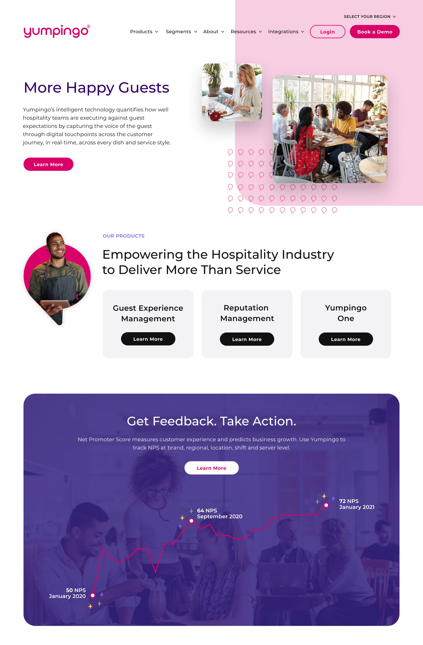 Full page design for the Yumpingo homepage showing hospitality website layout, brand refresh, and dual-language navigation