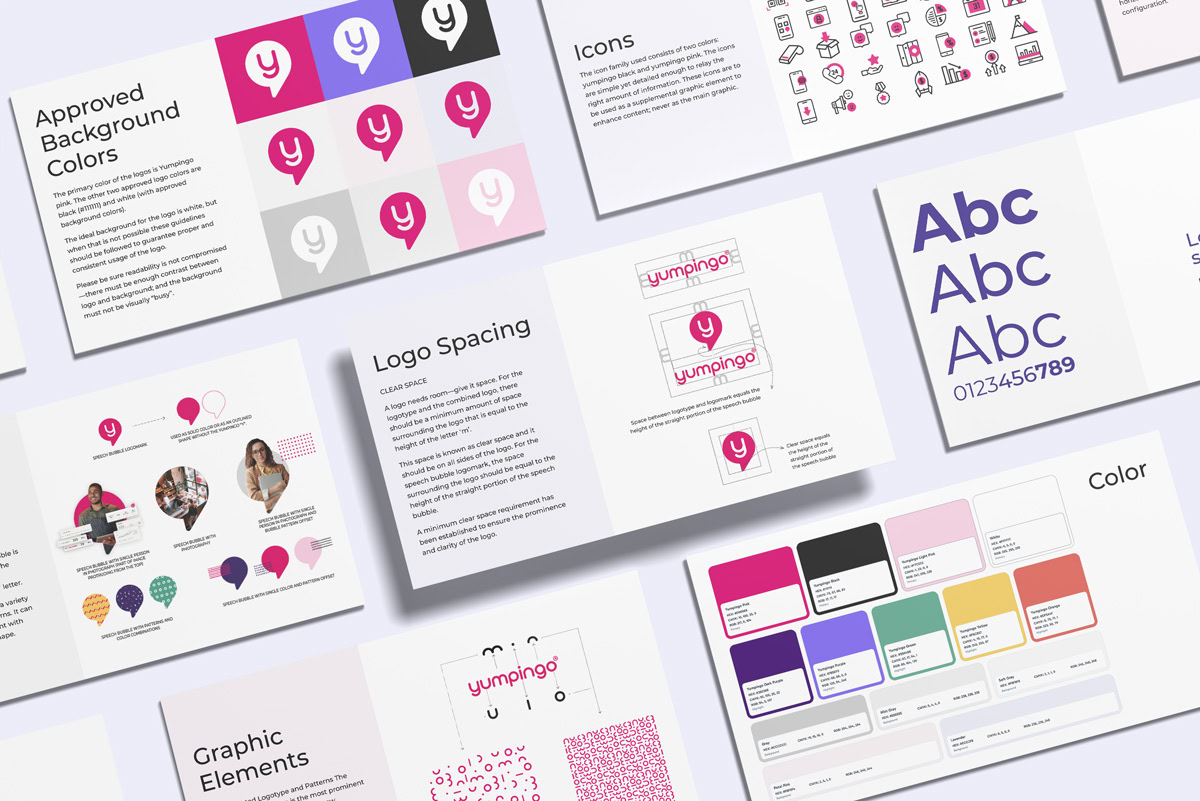 Brand guidelines spread for Yumpingo showing logo usage, icons, typography, color palette, and graphic elements from the refreshed brand system