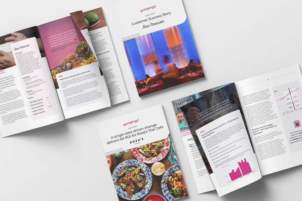 Collection of Yumpingo customer success case study designs shown in brochure mockups