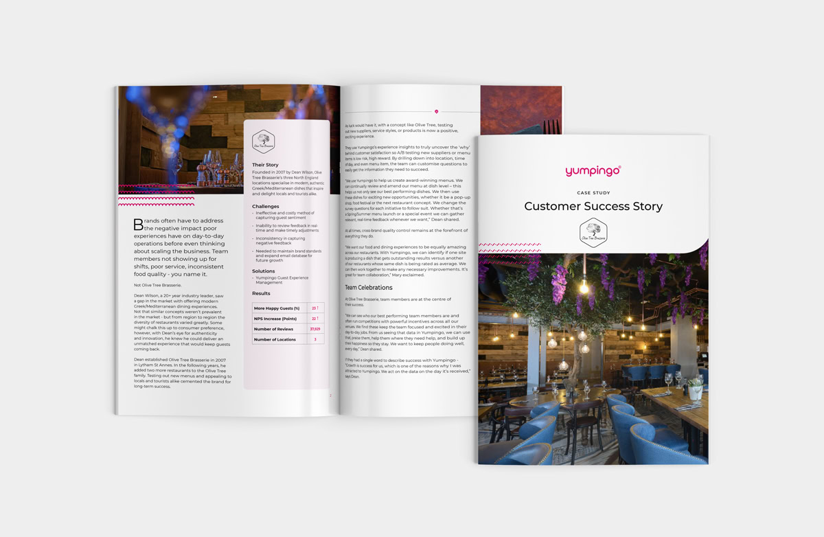 Yumpingo customer success case study mockup for Olive Tree Brasserie shown as a printed brochure spread and cover