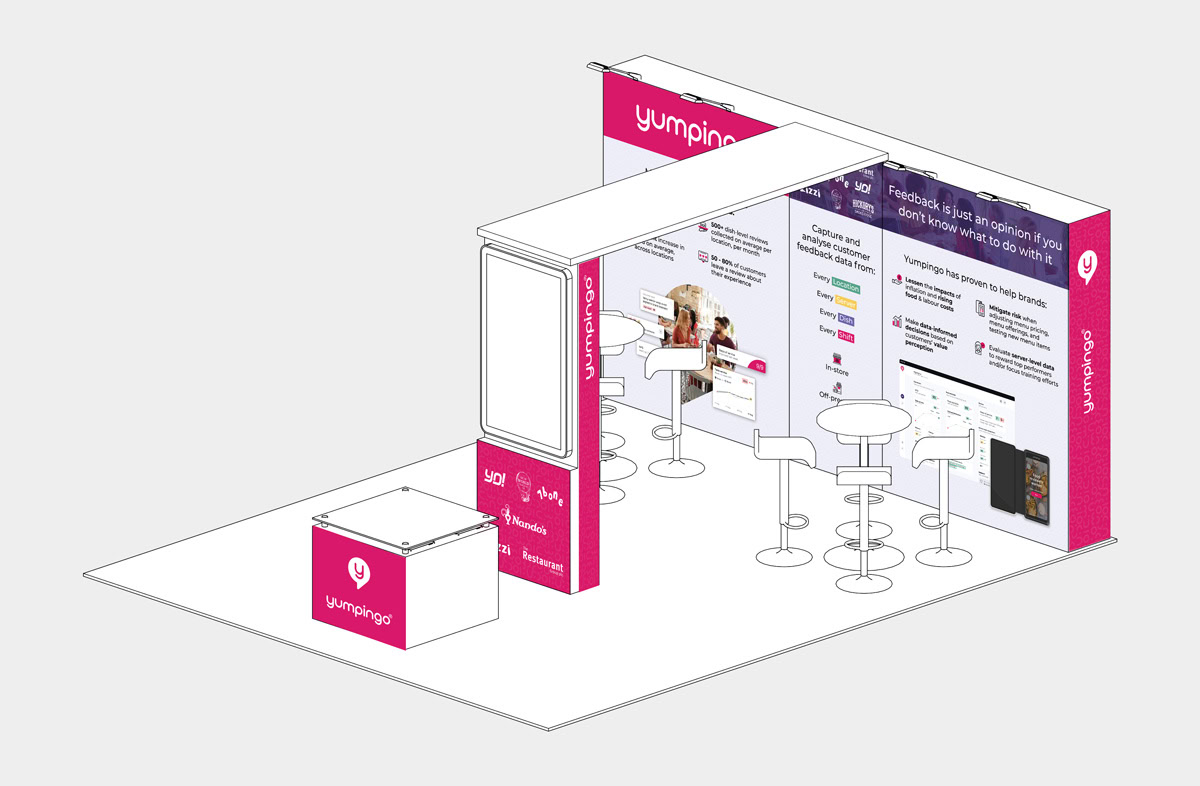 3D rendering of the Yumpingo booth design for the Casual Dining Show 2022 featuring branded conference graphics and event signage