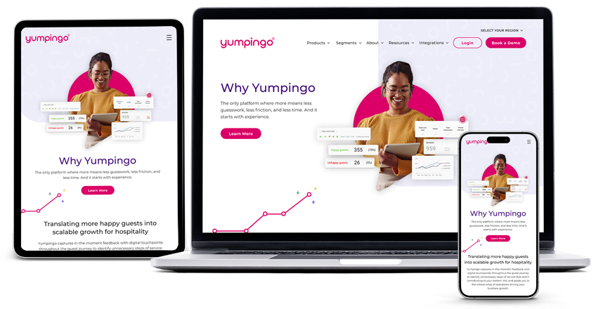 Responsive Yumpingo website design shown across tablet, laptop, and mobile screens