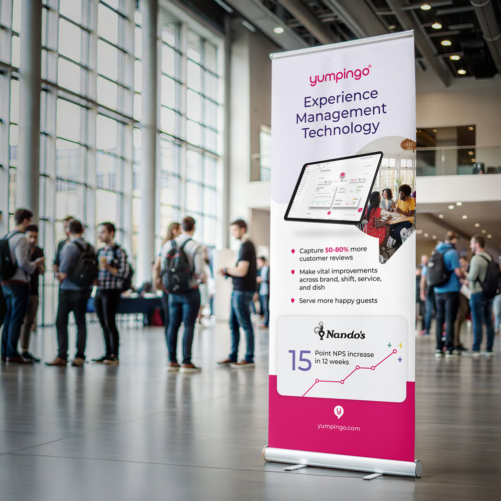 Yumpingo event rollup banner mockup showing hospitality tech branding, product imagery, and customer experience messaging