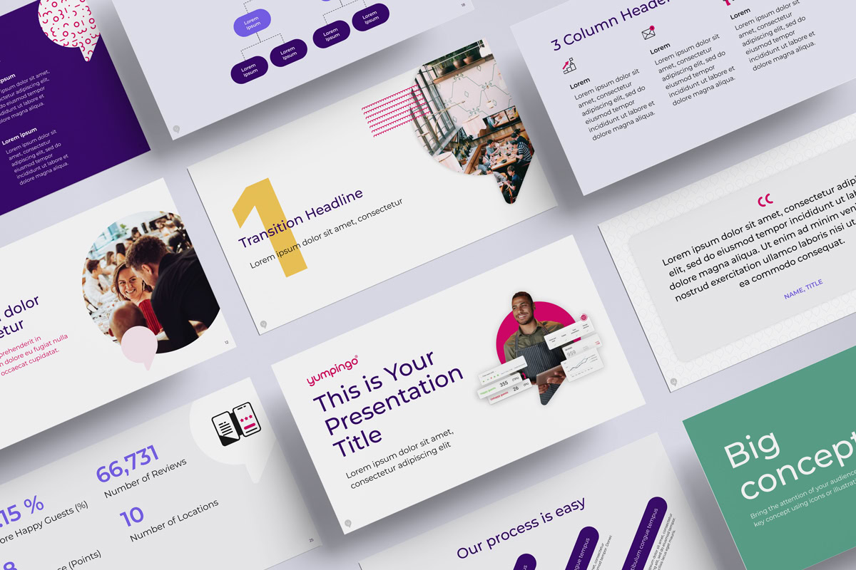 Google Slides presentation template created for Yumpingo using the refreshed brand system